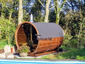 Outside barrel sauna
