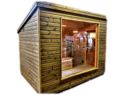 Cabina sauna exterior con ventana panorámica