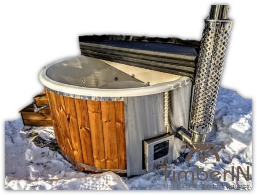 Jacuzzi exterior de madera con calentador exterior de leña