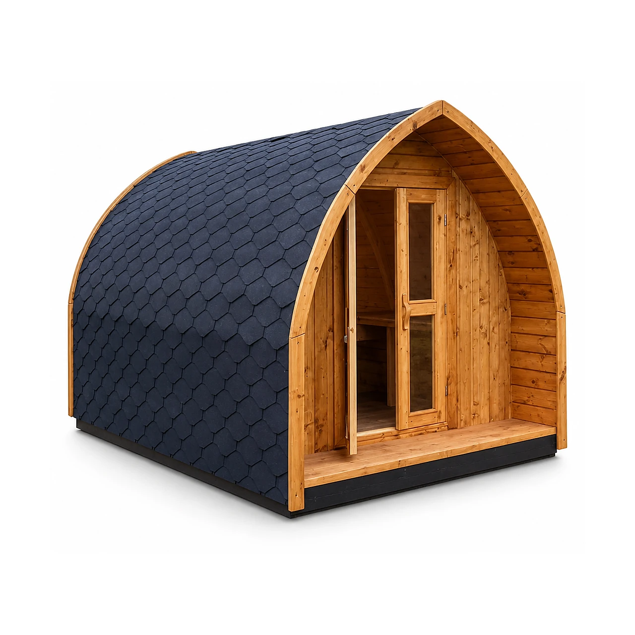 TimberIN Glamp Pod™ – caseta de jardín iglú para glamping, 3 a 5 m 1 TimberIN Glamp Pod™ – caseta de jardín de madera en forma de iglú, sobre fondo blanco