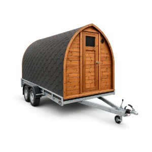 Sauna iglú de exterior TimberIN Nordic Mobile Sauna Pod en remolque sobre fondo blanco