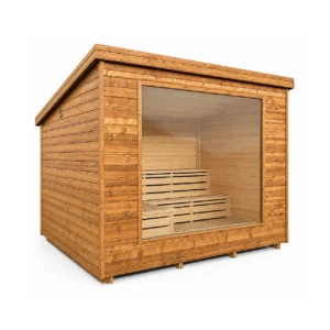 TimberIN Nordic Vista™ – sauna de exterior moderna con ventanal panorámico, sobre fondo blanco