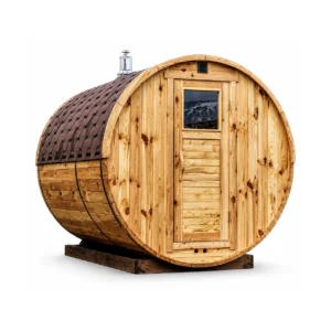 Sauna barril de exterior TimberIN Nordic Barrel Classic sobre fondo blanco