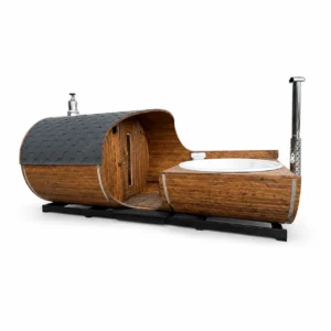 TimberIN Nordic Barrel Duo, sauna de barril con jacuzzi integrado de madera termotratada, sobre fondo blanco
