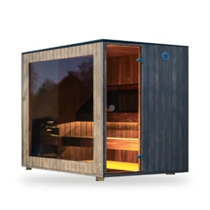 Sauna de exterior TimberIN Nordic Cube de CLT sobre fondo blanco