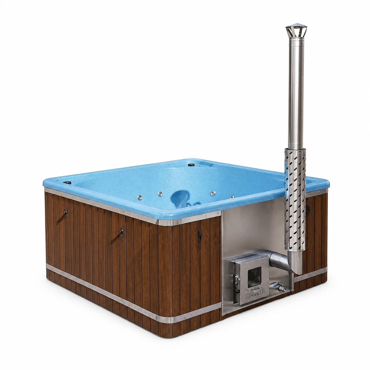 TimberIN Nordic Elite™ Square – jacuzzi cuadrado de fibra de vidrio de 2,2 × 2,2 m 1 TimberIN Nordic Elite™ Square – jacuzzi cuadrado de fibra de vidrio, foto de estudio sobre fondo blanco