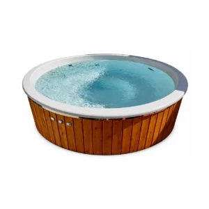 TimberIN Nordic™ External Comfort – jacuzzi con estufa exterior, foto de estudio sobre fondo blanco