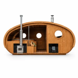 TimberIN Nordic Hobbiton Combo: sauna de madera termotratada con jacuzzi integrado sobre fondo blanco
