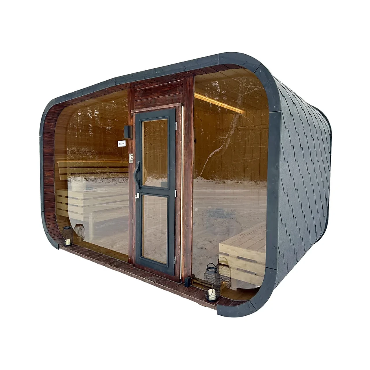 TimberIN Nordic Horizon™ 1 TimberIN Nordic Horizon™ – sauna de jardín con vestidor, sobre fondo blanco