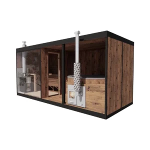TimberIN Nordic Modular Spa™ – módulos de sauna, vestuario y jacuzzi cubierto de madera termotratada, sobre fondo blanco