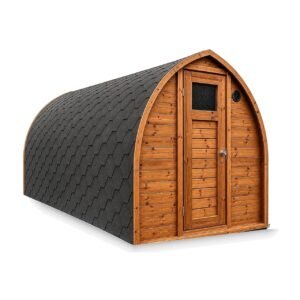 Sauna iglú de exterior TimberIN Nordic Pod Custom sobre fondo blanco
