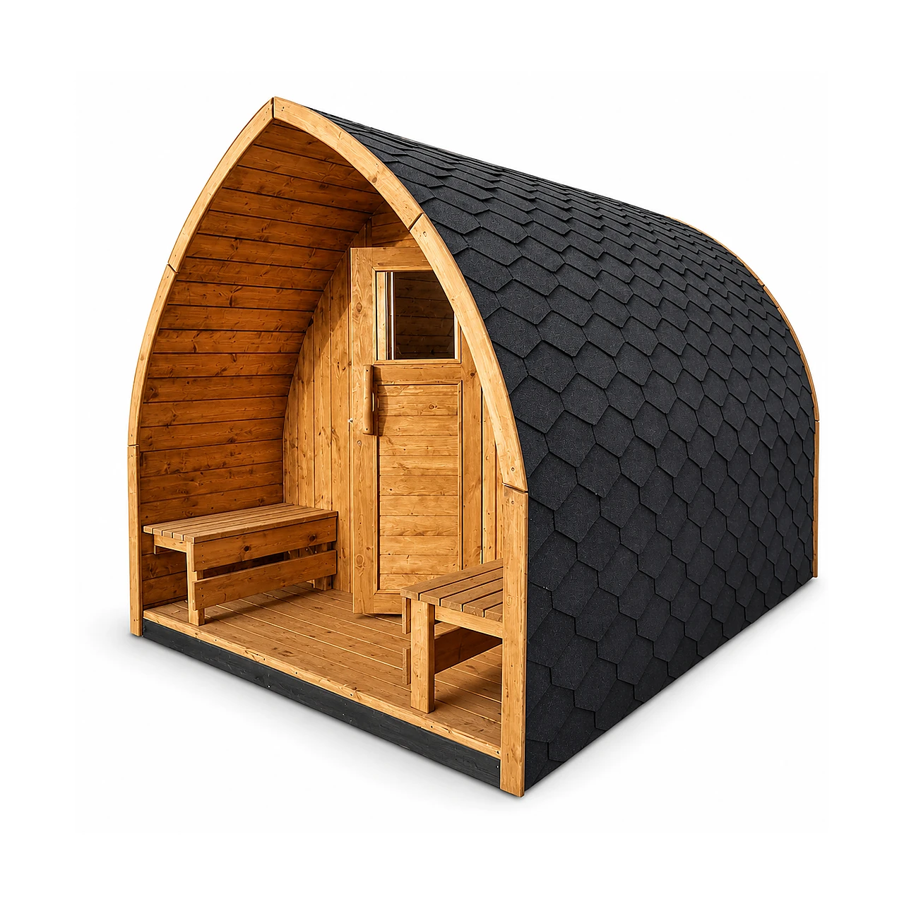 Sauna de exterior TimberIN tipo iglú de madera con puerta de cristal