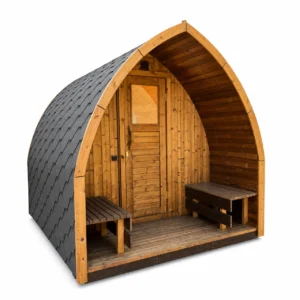 TimberIN Nordic Pod™ Porch – sauna de exterior iglú con porche, sobre fondo blanco