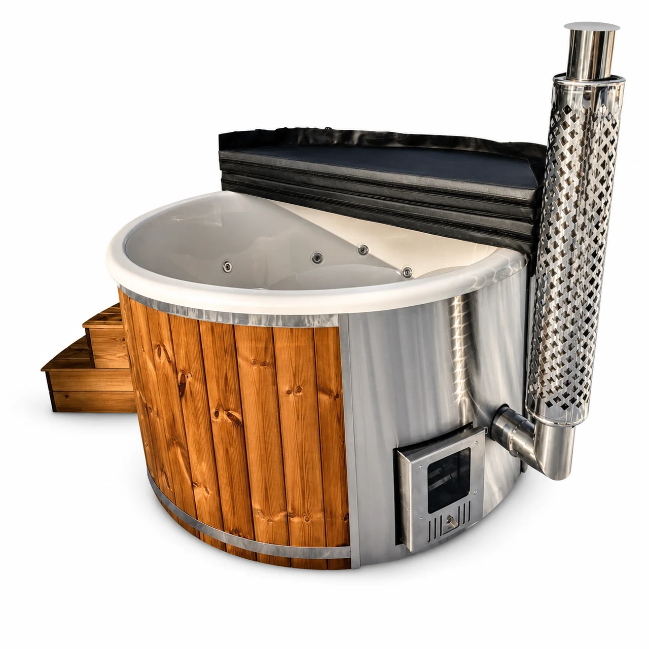 Jacuzzi redondo TimberIN con revestimiento de madera termotratada y estufa integrada