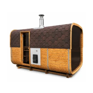 Sauna de exterior cuadrada TimberIN Nordic Square Barrel con tejado curvo y chimenea