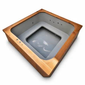 Jacuzzi cuadrado TimberIN Nordic Square con bañera interior gris moldeada, banco perimetral, zona de pies rebajada y boquillas de hidromasaje sobre fondo blanco