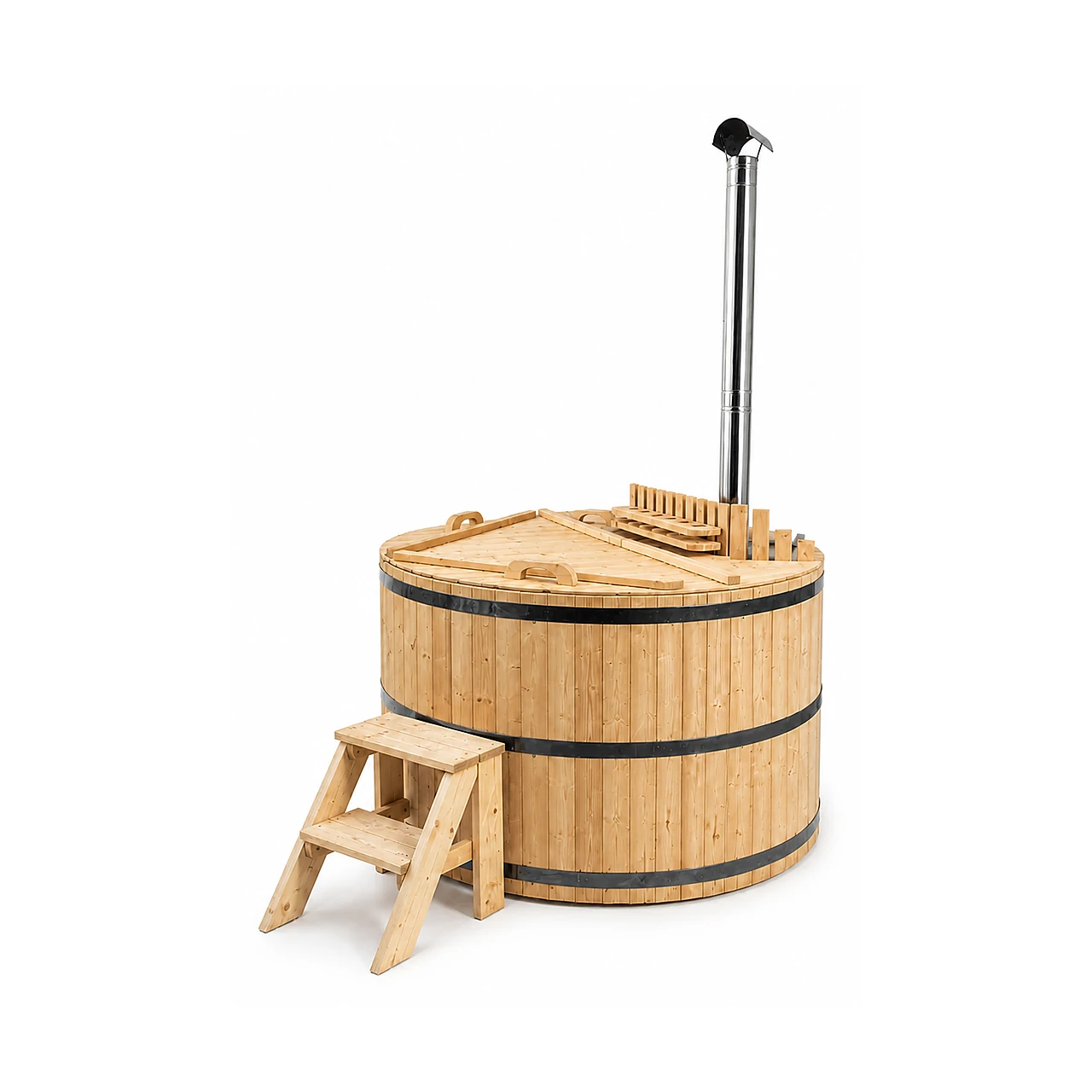 Jacuzzi redondo de madera TimberIN con escalera y estufa de leña
