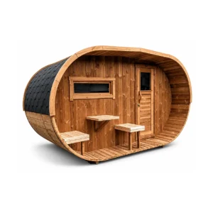 TimberIN Nordic Oval Terrace™ – sauna de exterior ovalada con terraza de entrada, fachada de madera termotratada, foto de estudio sobre fondo blanco