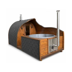 TimberIN Nordic Pod Duo™ – sauna Pod con jacuzzi, foto de estudio sobre fondo blanco